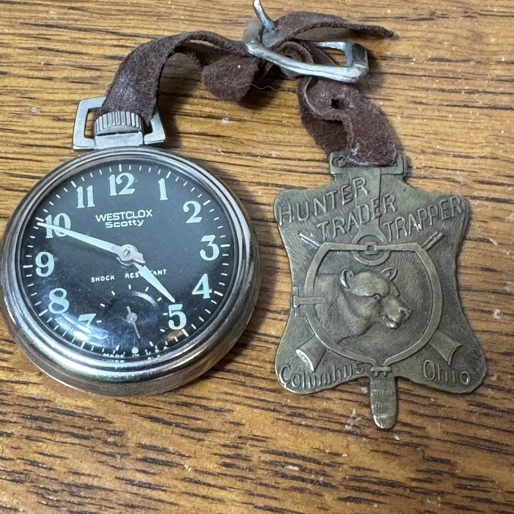 Vintage Westclox Scotty Pocket Watch Hunter Trader Trapper Columbus Ohio Fob